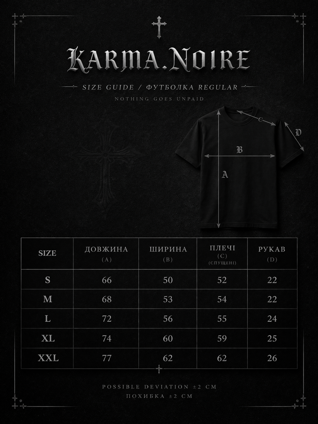 Regular size chart